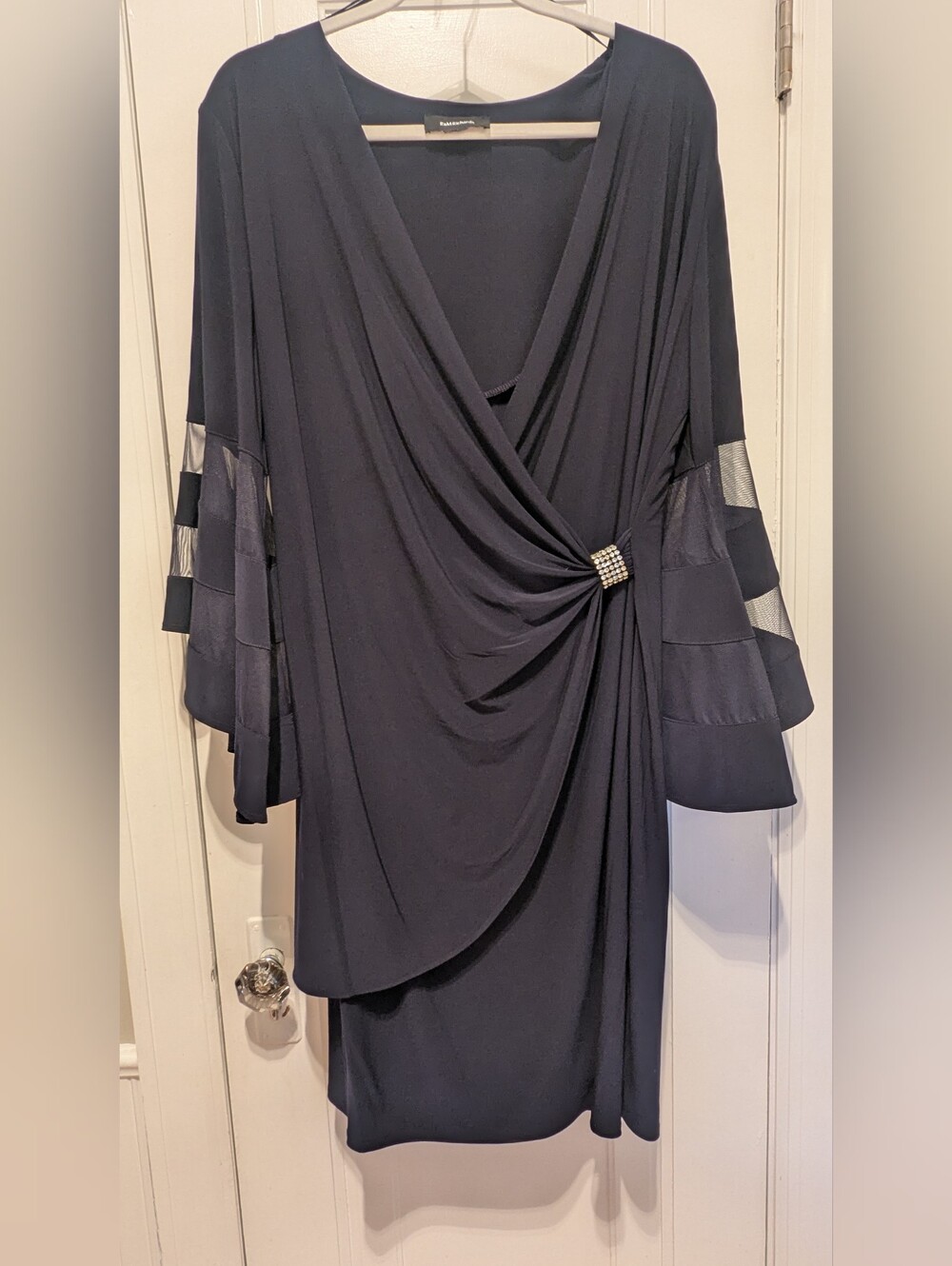 R&M Richards Navy Long Sleeve Draped Cocktail Dress with Rhinestone Brooch